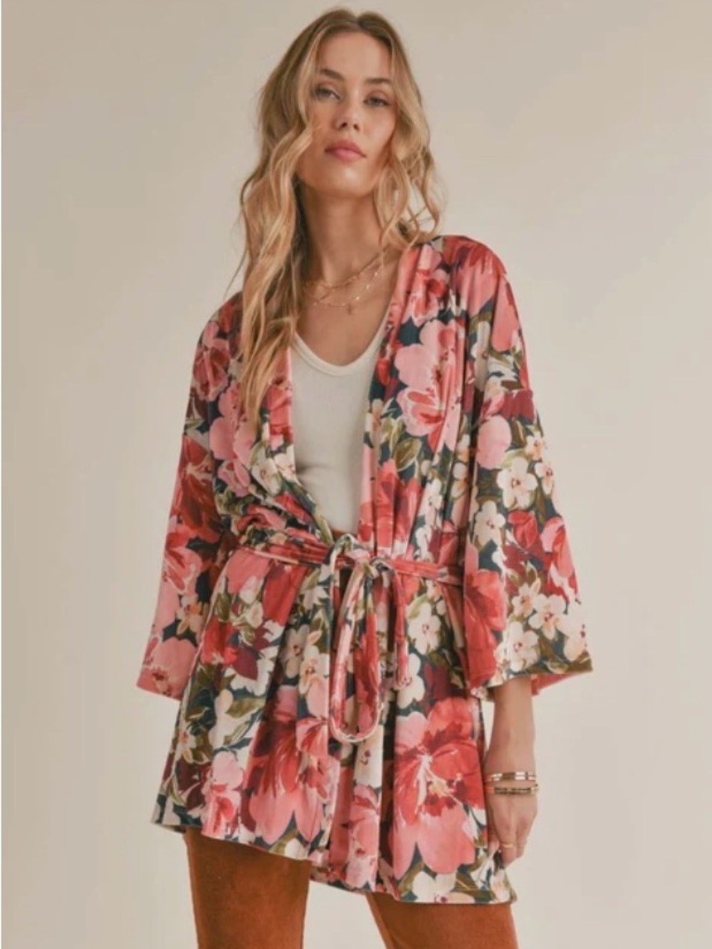 NWT Sadie & Sage Floral Velvet kimono and Palazzo Style Pants Sz S